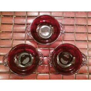 1970s Set of Three Vintage Ruby Red Cut Glass Desert Fruit or Candy Dishes